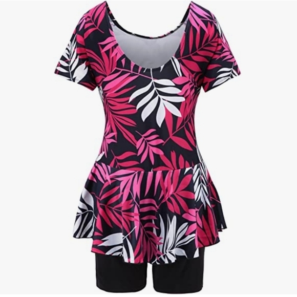 Knaspor Modest Swimsuit w/Attached Shorts Rose Red Floral Leaf Print Size 12-14 - Picture 4 of 13